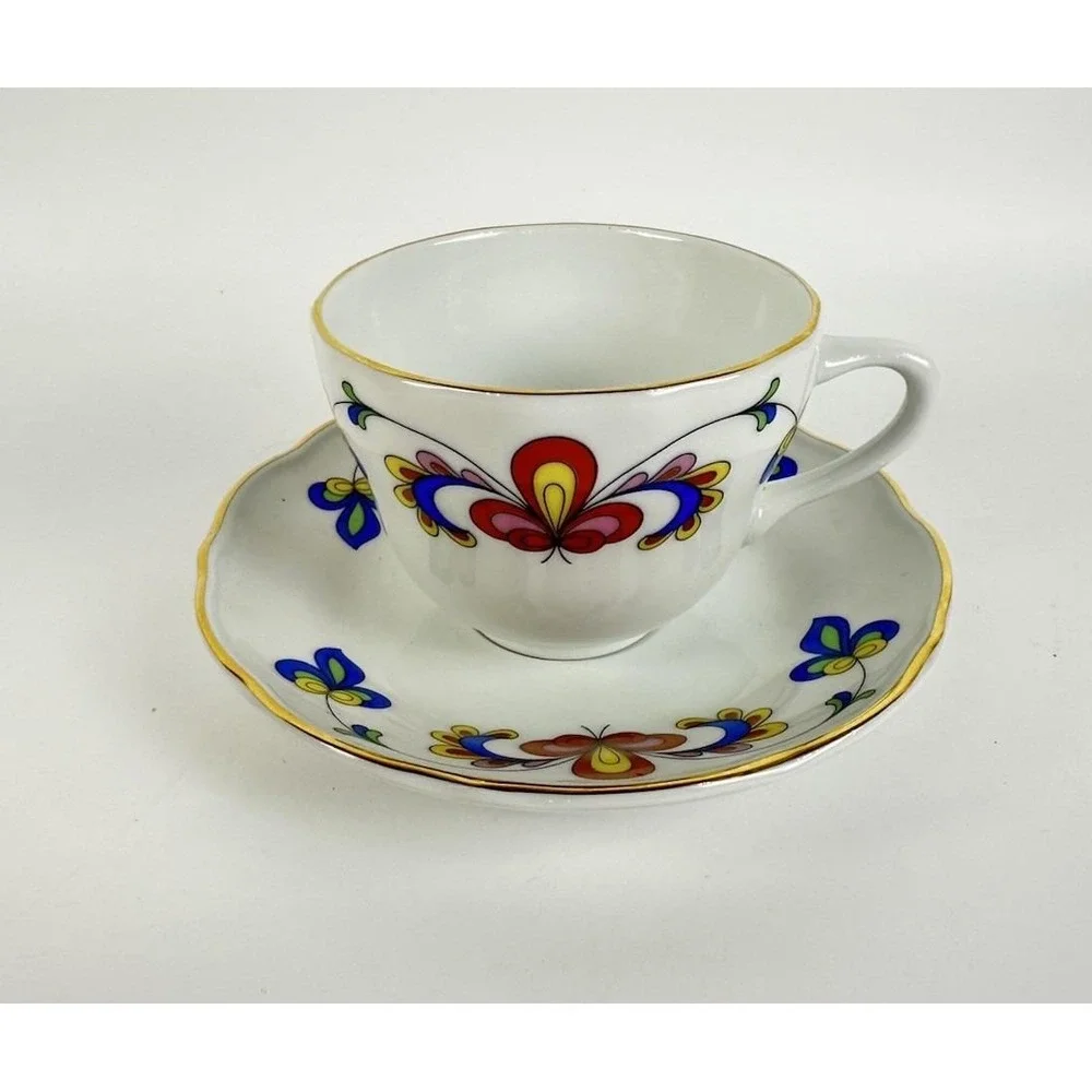 Porsgrund Farmer's Rose Demitasse Cup & Saucer Norway Porcelain Gold Trim